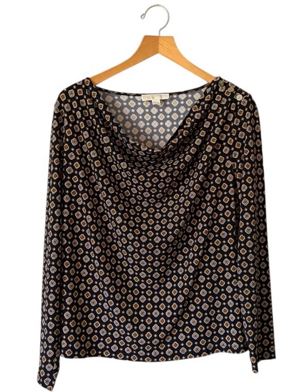 Michael Kors Geometric Medallion Cowl Neck Blouse Size Large Long Sleeve Office
